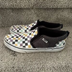 Vans Kids Checkerboard Slip-On Sneakers in Black, White, Gold, Teal, Purple